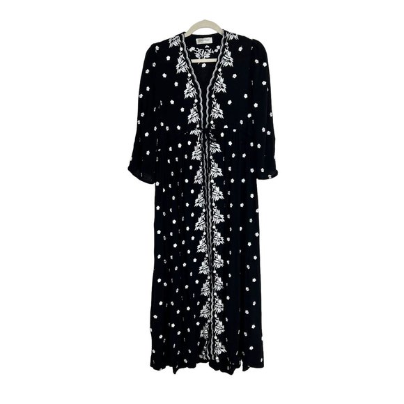 Vivien Tsao By Korea Black Floral Embroidered Midi Dress V-Neck Tie Waist Size L - Picture 1 of 4
